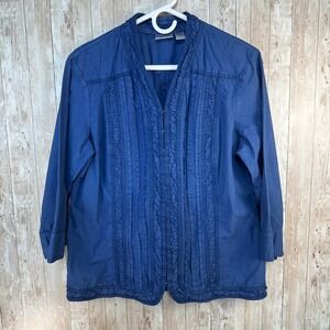 Chico's Women's Jacket Blazer Navy Blue Cotton Ruched lightweight Size 2‎